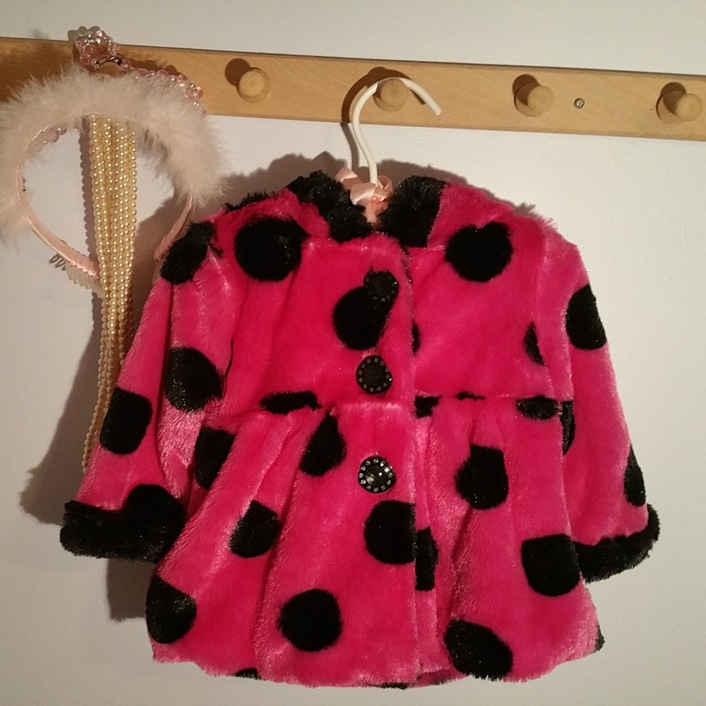 Piper Baby 12 Months Pink Black Polka Dot Fur Coat